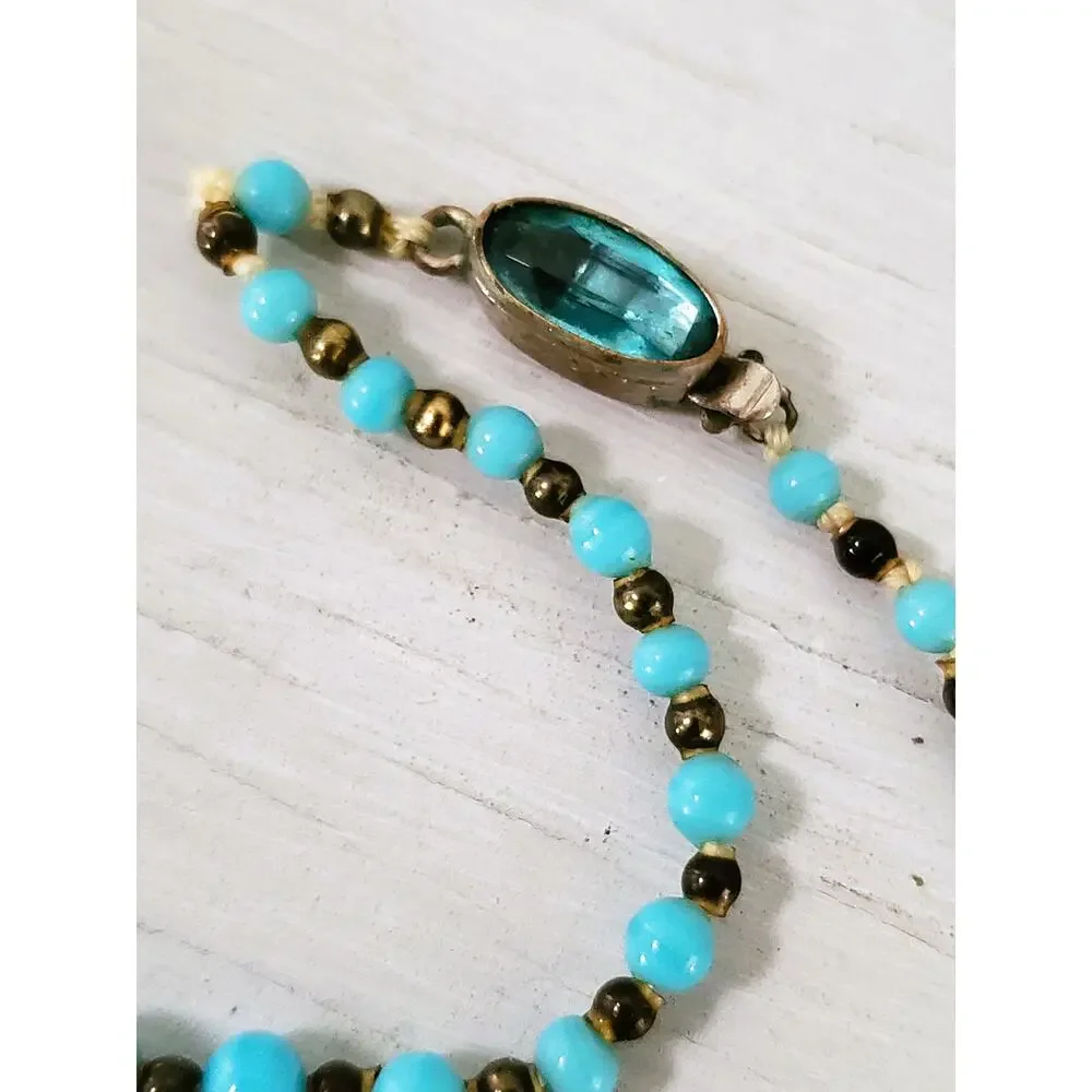 Vintage Czechoslovakia Blue Glass Graduated Bead Necklace with Crystal Box Clasp